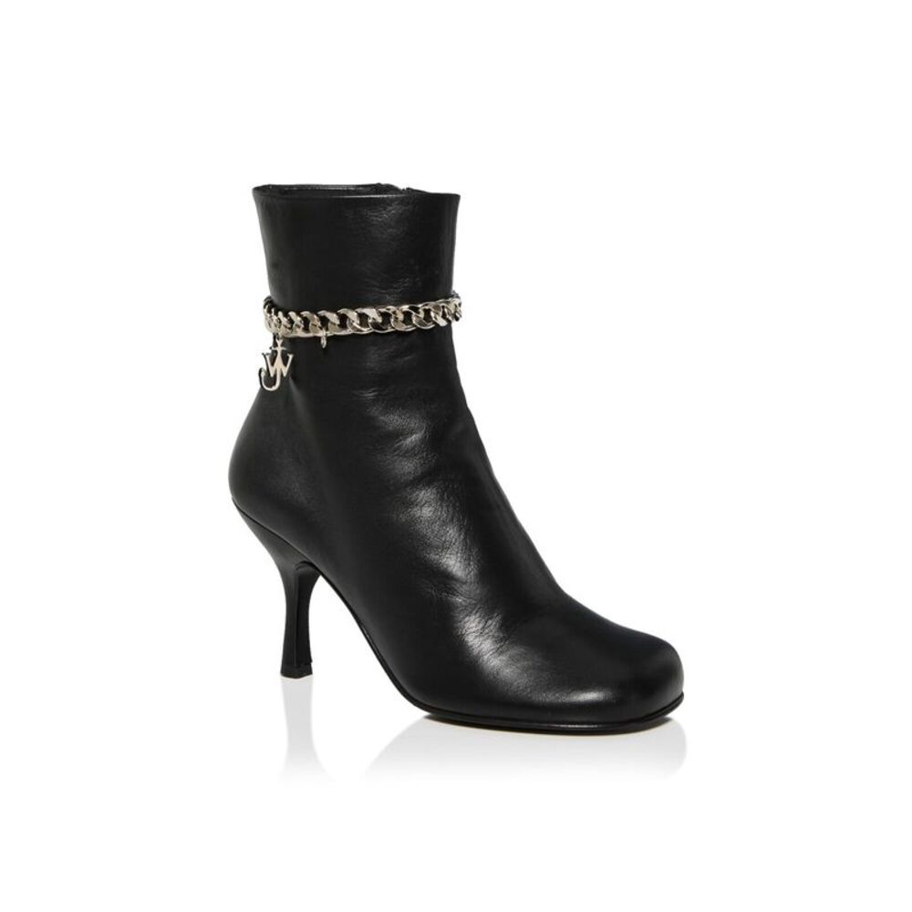 JW ANDERSON Womens Black Charm Chain Strap Round Toe Stiletto Leather Boots 37